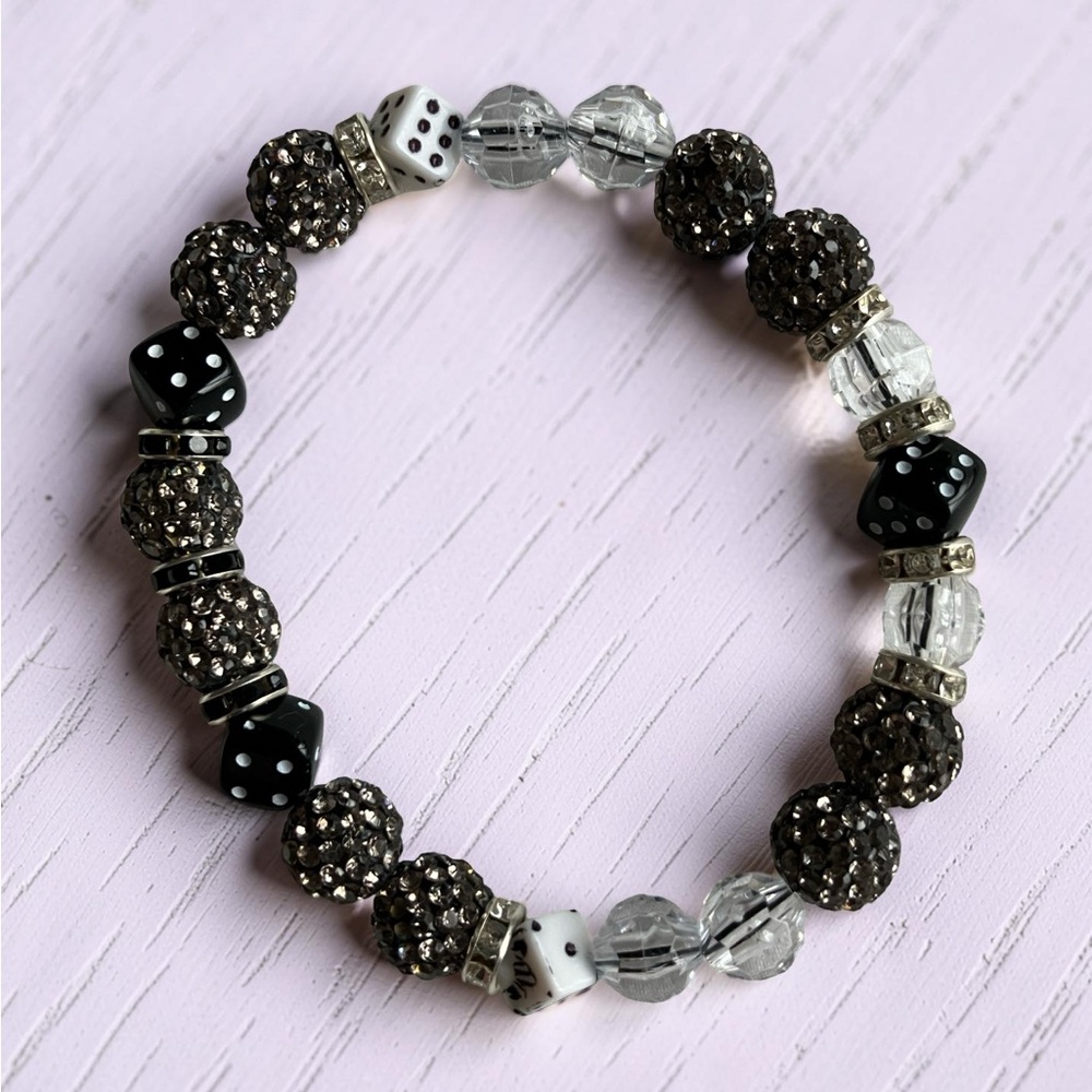 Handcrafted Pave Beaded Dice Stretch Black White Silver-tone Bracelet Women NEW